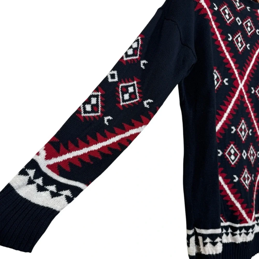 Lauren Ralph Lauren Navy and Red Aztec Print Cotton Long-Line Sweater Size L